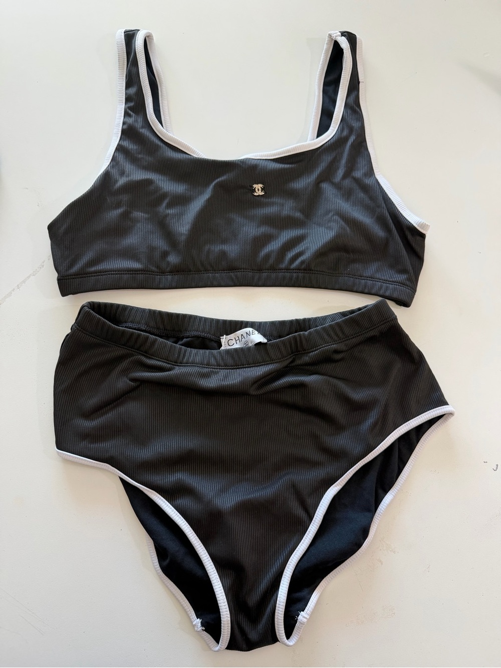 Chanel Black Ribbed High-Waist Bikini Set with White Trim